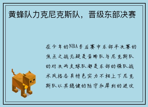 黄蜂队力克尼克斯队，晋级东部决赛