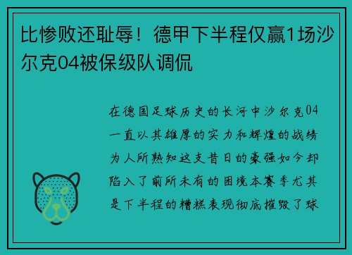 比惨败还耻辱！德甲下半程仅赢1场沙尔克04被保级队调侃