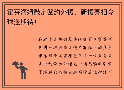 霍芬海姆敲定签约外援，新援亮相令球迷期待！