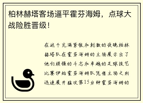 柏林赫塔客场逼平霍芬海姆，点球大战险胜晋级！