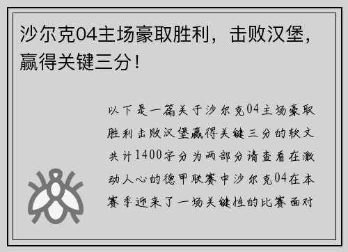 沙尔克04主场豪取胜利，击败汉堡，赢得关键三分！