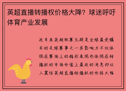 英超直播转播权价格大降？球迷呼吁体育产业发展