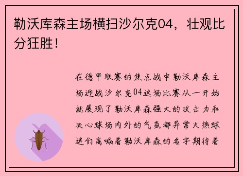勒沃库森主场横扫沙尔克04，壮观比分狂胜！