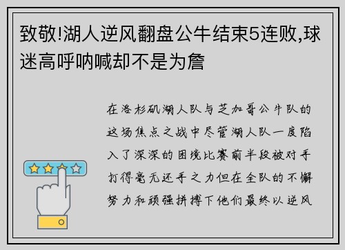 致敬!湖人逆风翻盘公牛结束5连败,球迷高呼呐喊却不是为詹
